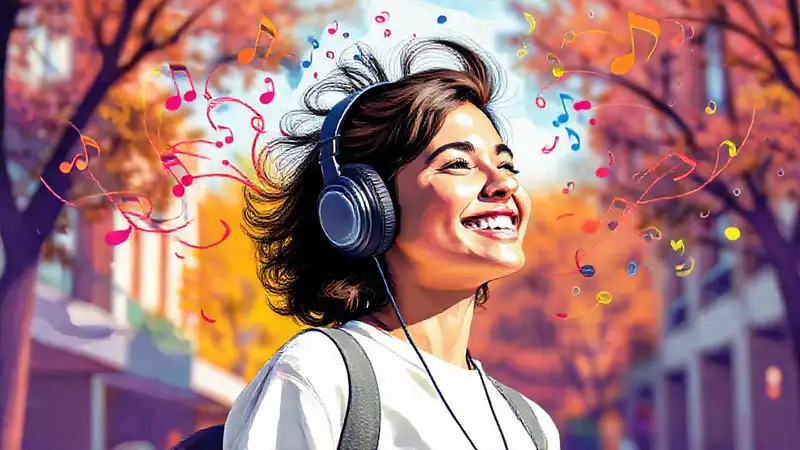 Estudiante con auriculares en campus colorido y alegre