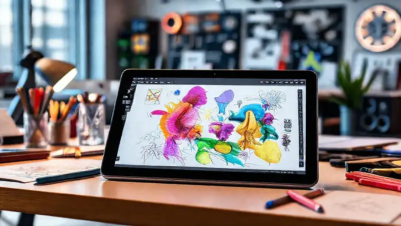 Tableta digital con arte y ambiente creativo