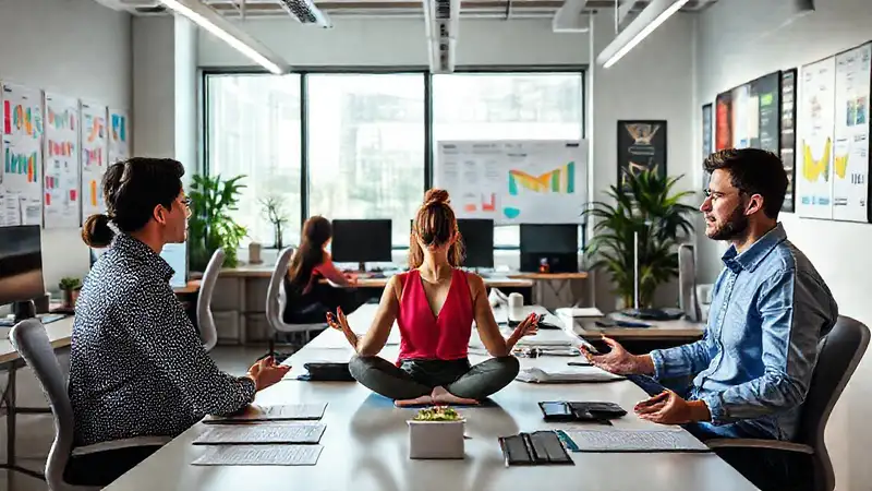 Oficina moderna, calmada y productiva con meditantes