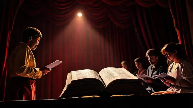 Escenario teatral con actores y notas escolares