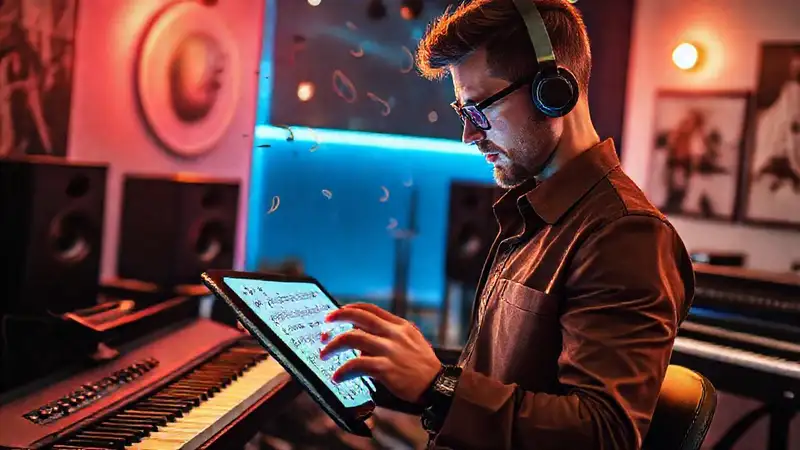 Músico creativo explorando partituras digitales modernas