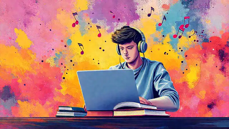 Estudiante con auriculares estudia en ambiente vibrante