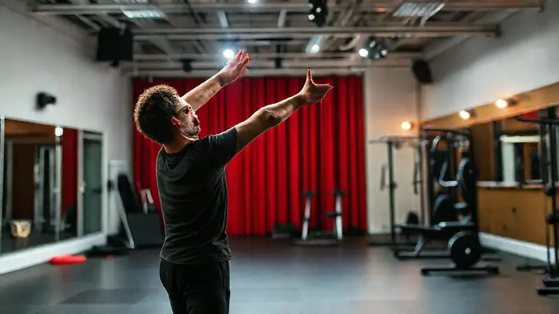 Actor ensaya con energía en escenario moderno