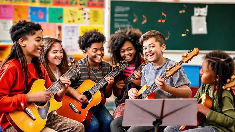 Estudiantes variados colaboran en música alegre