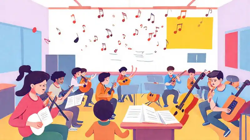 Estudiantes practicando instrumentos en aula vibrante