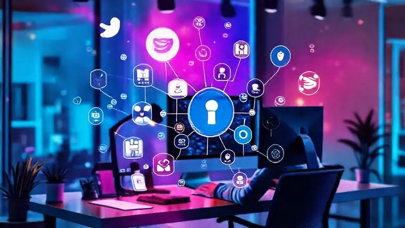 Iconos digitales coloridos en espacio de trabajo moderno