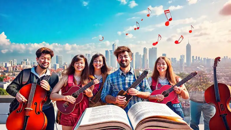 Estudiantes universitarios con instrumentos y diversidad