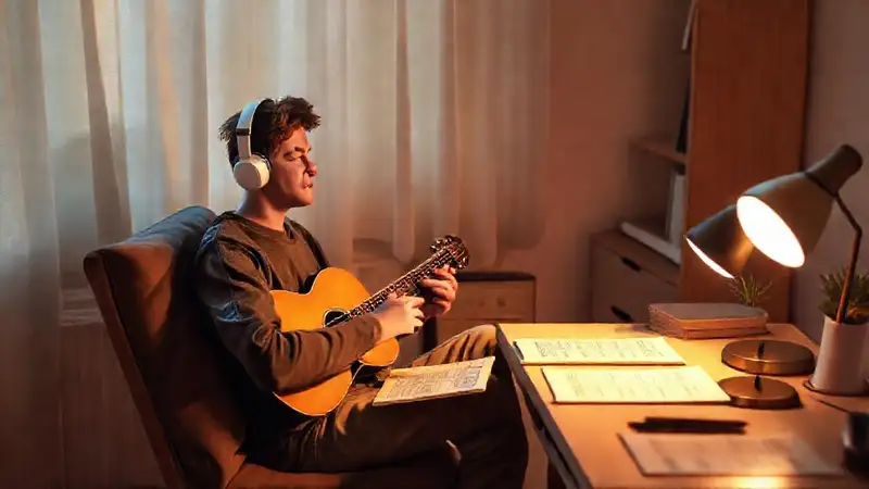 Estudiante tranquilo tocando música en calma