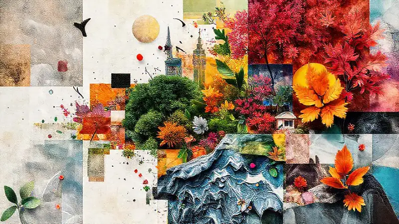 Collage digital vibrante de naturaleza y ciudad