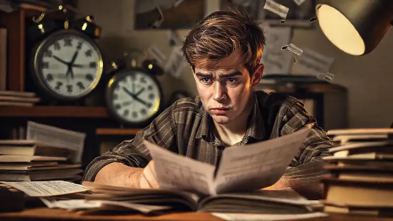 Estudiante distraído estudiando tarde en desorden