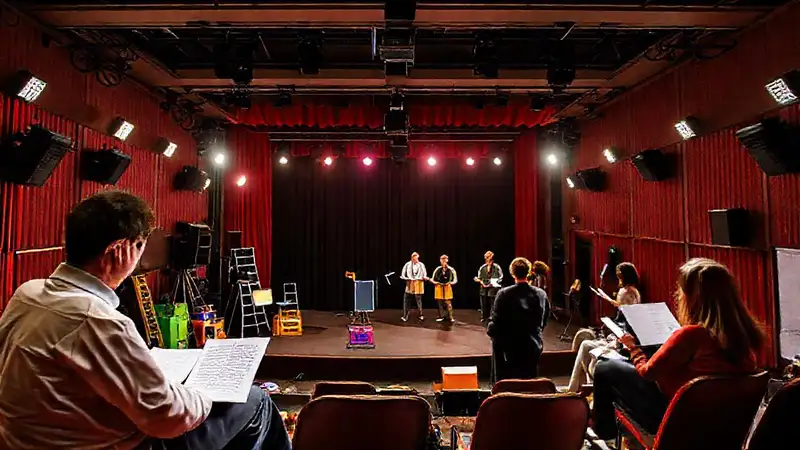 Escenario teatral preparado con actores y luces