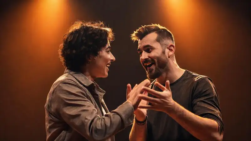 Actores expresivos en escenario íntimo y emotivo