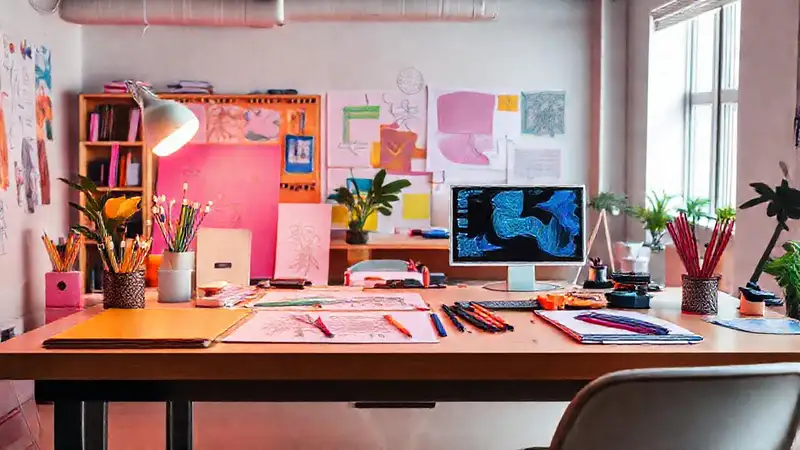 Espacio creativo con herramientas digitales vibrantes