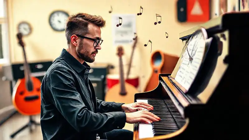 Músico practicando piano en estudio vibrante