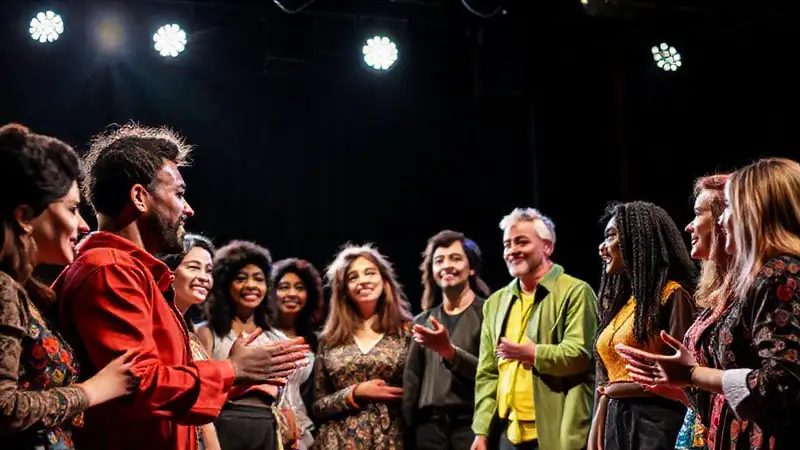 Director lidera equipo en un teatro dinámico