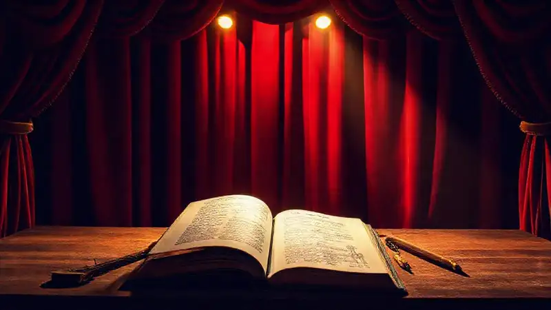 Escenario teatral con cortinas rojas y ambiente artístico