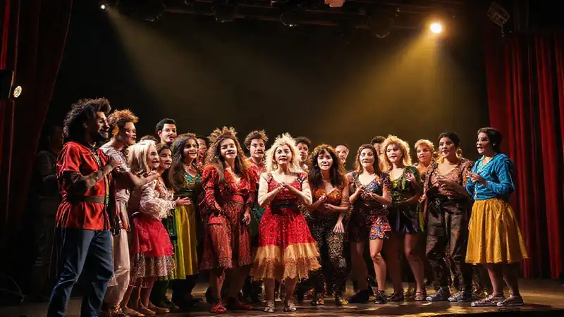 Actores en escena con vestuario vibrante y energía