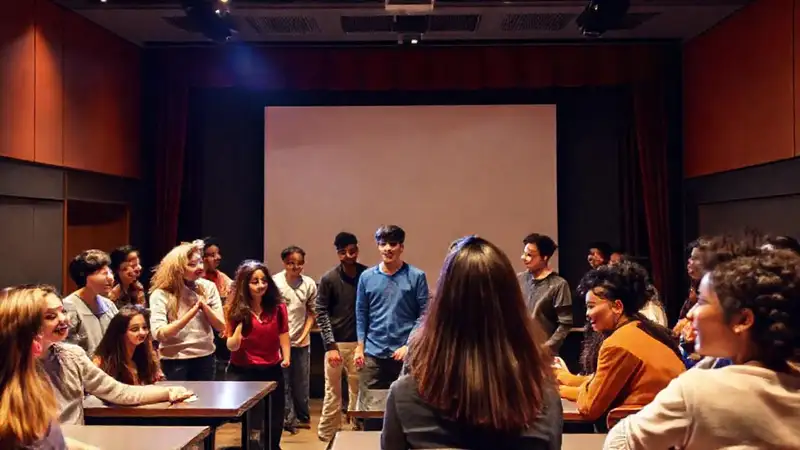 Estudiantes practicando actuación en escenario moderno