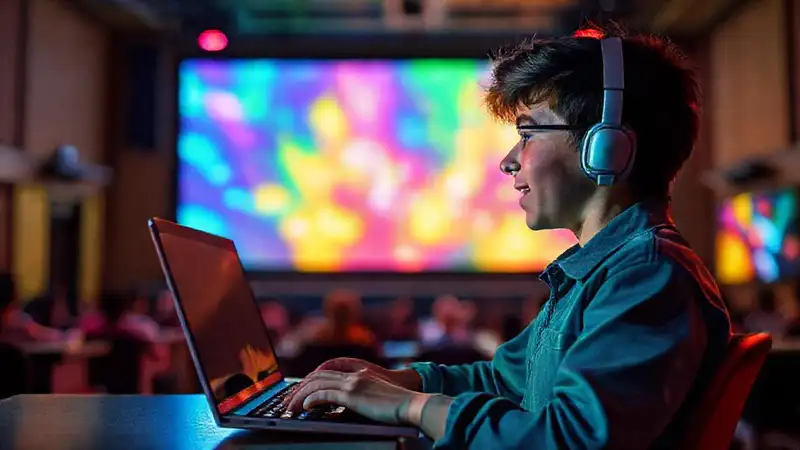 Adolescente en clase virtual, enfocado y emocionado
