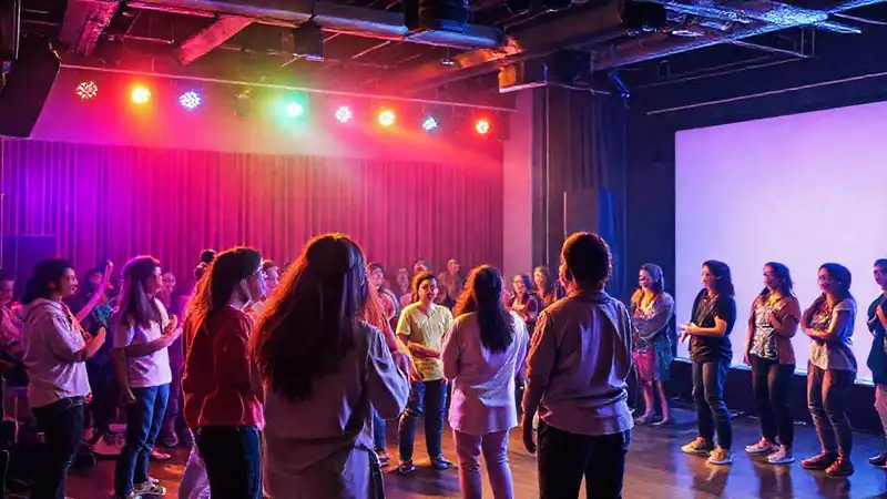 Taller de teatro con actores y luces vibrantes
