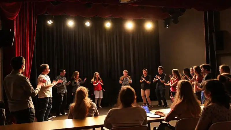 Instructor, actores, luces y cortinas teatrales