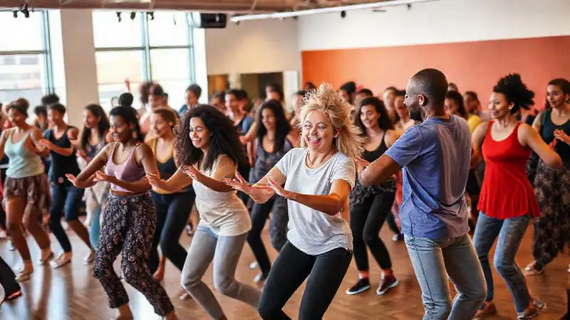 Personas bailando en ambiente vibrante e inclusivo