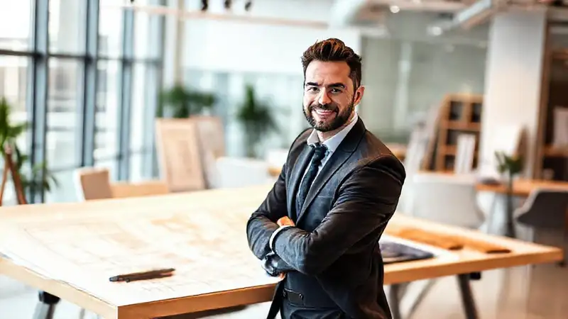 Arquitecto en oficina con planos y herramientas