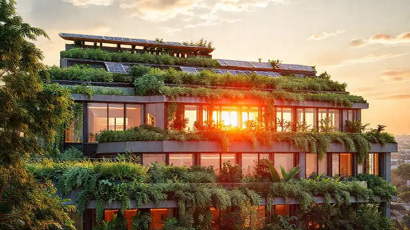 Fachada ecológica moderna y sostenible con jardines