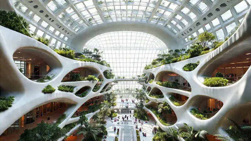 Edificio futurista con arquitectura innovadora y verde