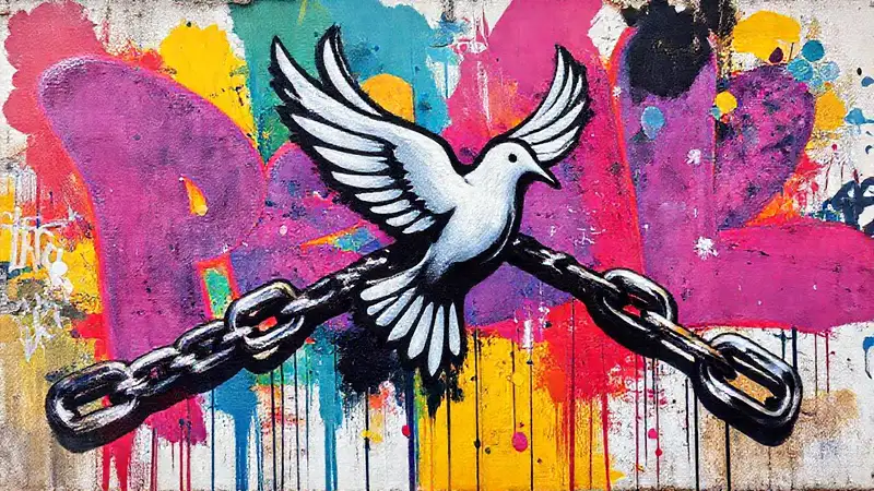 Arte callejero vibrante simboliza paz y libertad