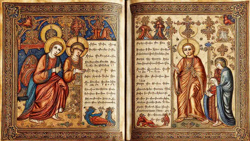Manuscrito medieval con arte religioso brillante