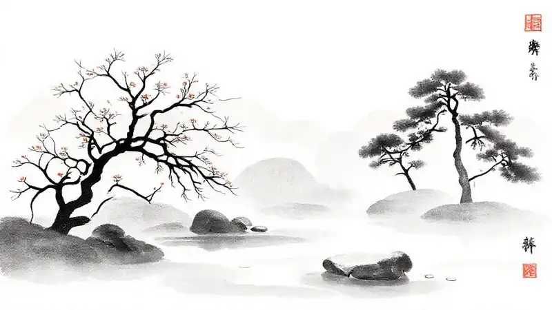 Jardín zen con caligrafía y armonía
