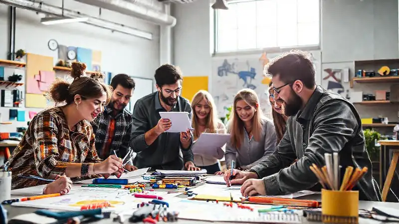 Sesión creativa vibrante con diseñadores diversos