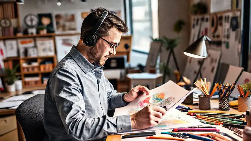 Espacio creativo con bocetos digitales vibrantes