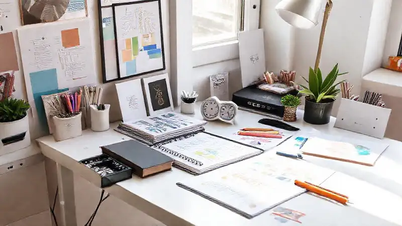 Mesa moderna con herramientas y decoración inspiradora