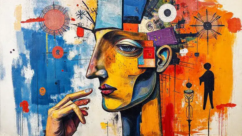 Arte moderno con rostro fragmentado y símbolos
