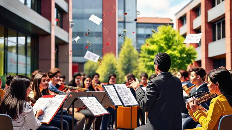 Estudiantes en campus universitario tocan música vibrante