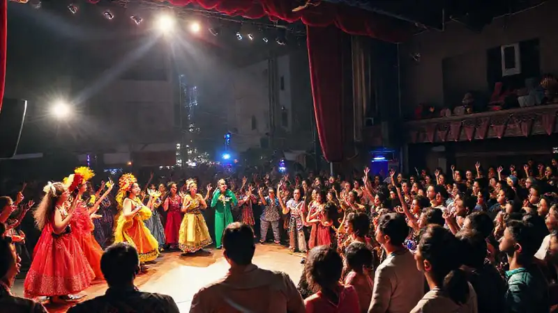 Escenario colorido con danza y público feliz