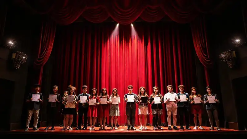 Escenario elegante con estudiantes y premios