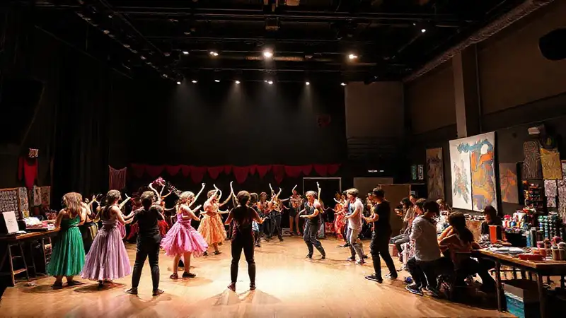 Escenario artístico con artistas y colorido ambiente