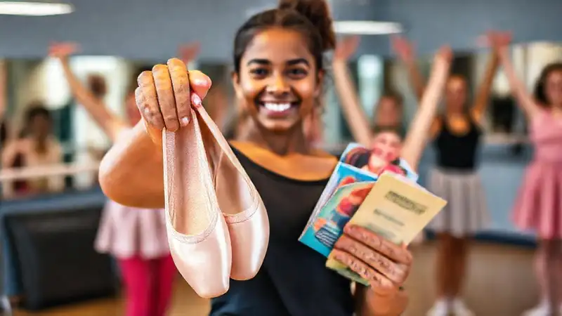 Estudiante con zapatos de ballet y materiales