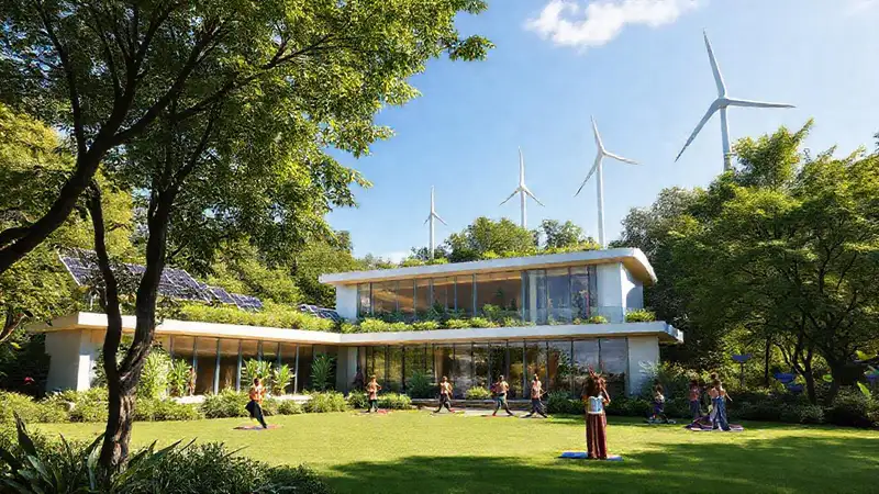 Edificio ecológico con naturaleza y bienestar