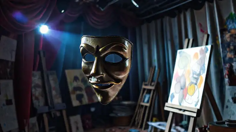 Máscara teatral, artista crea en escenario vibrante