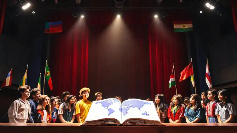 Escenario teatral con estudiantes y bandera mundial