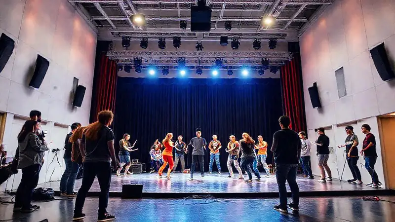 Estudiantes de teatro en práctica con profesionales