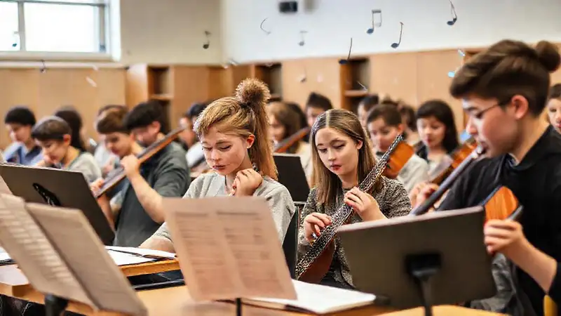 Estudiantes practicando música bajo guía en aula