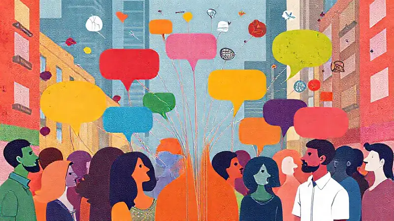 Diverso grupo multilingüe en comunidad vibrante
