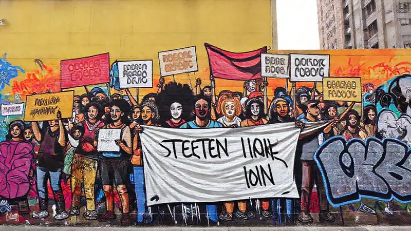 Mural de protesta con activistas y arte urbano