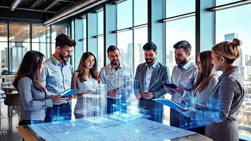 Arquitectos modernos colaboran con tecnología avanzada