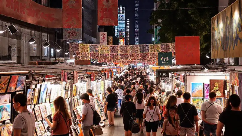 Evento artístico urbano con artistas y arte vibrante